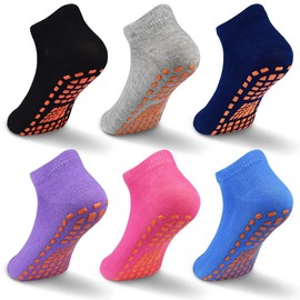 GRPSKCOS Non Slip Kids Socks- 6 Pairs Trampoline Anti-Skid Socks Sticky Grips Indoor Breathable Socks for Boys Girls Kids (05 Black+Grey+Navy+Purple+Rose Red+Blue, 2-5 Years)