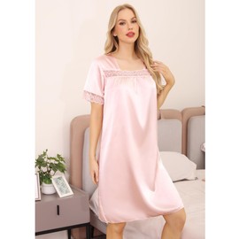 Lovasy Satin Nightdress for Women UK Silk Nighties for Women Ladies Short Sleeve Lace Trim Satin Night Dress Nighty Nightwear,Pink,XXL