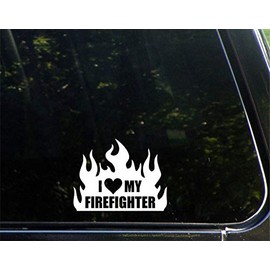 Diamond Graphics I Love My Firefighter in Flames (4" x 5") Die Cut Decal Bumper Sticker for Windows, Cars, Trucks, Laptops, Etc