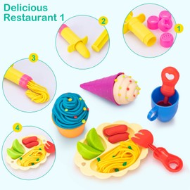 Play Dough Set for Children, 41 Pieces Clay Accessories Creation Breakfast Burger & Pasta, Moulds Rolling Pin, Kneading Mat with Storage Bag, Dough Toy Gift for Boys Girls
