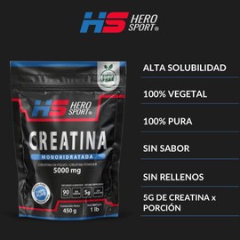 HEROSPORTS | Creatina Monohidratada de Alta Pureza 450g en Polvo. 5g de Creatina por Porción, 100% Pura, 100% Natural, 0 Azúcar, Sin Sabor, Sin Olor, Bottle Free, Incluye Cuchara Medidora.
