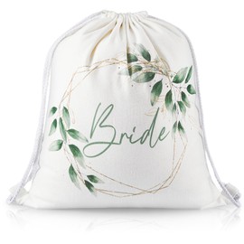 Weewooday 37 x 46 cm Gym Bag Backpack for Bride Team Bride Canvas JGA Fabric Bag with Drawstring Bride Bridesmaid Accessories Gift for Bachelor Party Bridal Party, White with leaves pattern