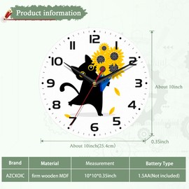 AZCXOIC Wall Clock,Black Cat Wall Clock Decorative,Sunflower Kitchen Wall Clock Battery Operated-10 Inch Round Bathroom Wall Clock Silent Non-Ticking
