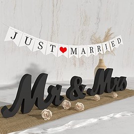 VIOPVERY Mr and Mrs Sign & Just Married Banner,Mr & Mrs Signs for Wedding Table,Large Wooden Letters for Sweetheart Table,Photo Props Wedding Decorations for Anniversary,Black