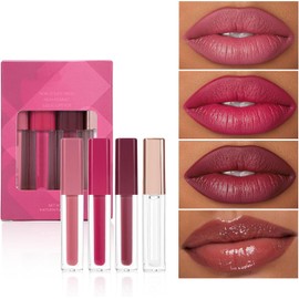 Set de Labiales Líquidos 4 Piezas- Kit de Maquillaje Diario (A) Acabado Brillante, Perlado, Larga Duración, Impermeables, No Manchan Vasos, Fácil de Aplicar y Alta Pigmentación