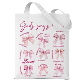 Dumyum Christian God Says I Am Pink Bow Tote Bag Gifts for Women Girls Bestie Bible Verse Religious Gift Pink Bow Aesthetic Reusable Grocery Shoulder Bag for Shopping Travel Daily Commute