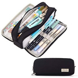 CICIMELON Large Capacity Pencil Case 3 Compartment Pouch Pen Bag for School Teen Girl Boy Men Women (Black)