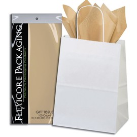 Flexicore Packaging White Kraft Paper Gift Bags & Desert Tan Gift Wrap Tissue Paper Size: 8 Inch X 4.75 Inch X 10.5 Inch | Count: 5 Bags | Color: Desert Tan