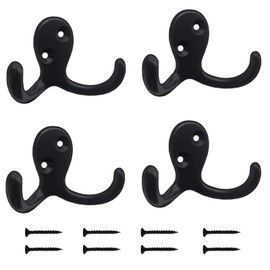 Kruodop 4 Pack Wall Hooks Wall Mounted Coat Hooks for Hanging Heavy Duty, Black Towel Hooks, Metal Double Coat Hanger with Screws Cup Retro for Coats, Handbags, Towels, Hat