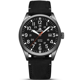 LN LENQIN Watches Men's Watch Military Watch 30M Waterproof Watch Men's Analogue Quartz Watches for Men with Date Field Watch Tactical Watch Leather Strap, Black Gun Black, Strap.