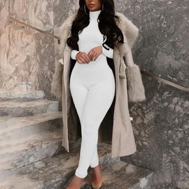 Azhong Women's Sexy Long Sleeve Turtleneck Jumpsuits Bodycon Back Zipper High Waist One Piece Casual Club Rompers