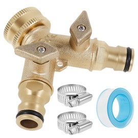 2 Way Garden Hose Splitter Brass Outside Faucet Y Splitter Easy Install Double Way Hose Connector for Standard 3/4 Inch Tap Connector..(Brass,1 Set)
