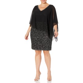 J Kara Women's Plus Size Caplet Short Cocktail Beaded Dress, Black/Mercury, 16W