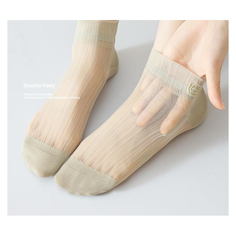 [Feiyda] 夏用 靴下 レディース 透明 薄手 涼しく アンクルソックス 純色 刺繍花柄