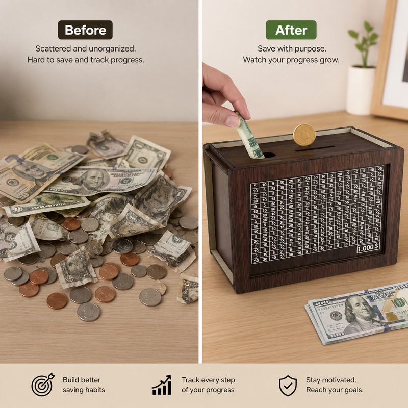 Wooden Savings Challenge Box for Cash – Reusable $10,000 Money