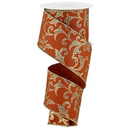 2.5" Filigree Swirl Acanthus Leaf Wired Floral Glitter Ribbon for Thanksgiving, Fall, & Christmas Holiday Wreaths, Trees, Garlands, Gift Wrap, Floral Arrangements, Crafts (Autumn Orange/Gold, 10 Yds)