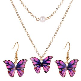 Butterfly Necklace Earring Set for Women Colorful Butterfly Drop Dangle Earrings Elegant Double-Layer Pearl Butterfly Pendant Necklace Cute Insect Set Birthday Party Wedding Jewelry (Purple)