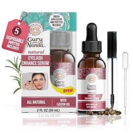 GuruNanda- Suero potenciador de pestañas con aceite de ricino natural y aceite de romero con aplicador de pincel, ayuda a las cejas y