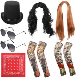 Cindeer 8 Pcs 80s Disco Rocker Costume Set Including Rocker Wig Temporary Tattoo Sleeves Black Top Hat Headband Sunglasses for for 80s Punk Party Cosplay