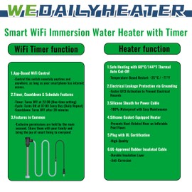 WE DAILYHEATER 1500W Fully Submersible Water Heater for Bathtub & Inflatable Pool – Portable Immersion Electric Heater with Temp Control & Wifi Timer for Hot Tub, Above Ground Pool, Baptistry & bucket
