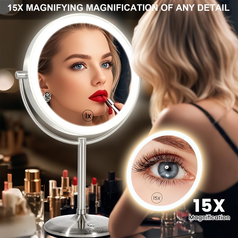 VESAUR 1X15X HD Lighted Makeup Mirror, 9" Large 5000mAh Rechargeable