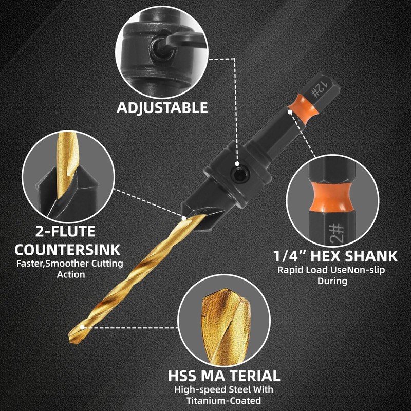 YQANDL 12Pcs HSS Adjustable Countersunk Drill Bits for Woodworking
