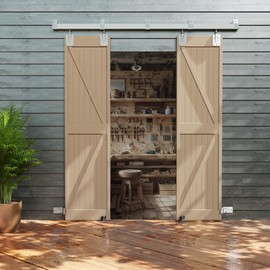 JUBEST 8FT Box Rail Exterior Barn Door Hardware Kit, Heavy Duty Sliding Door Track Kit Wall Mount Door Hardware Kit for Two Doors System(Doors Not Included), Silver