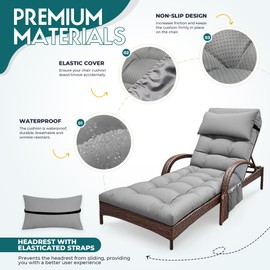 Moutosne Outdoor Lounge Chair Cushions, Chaise Lounge Cushions for Outdoor Furniture, Waterproof Zero Gravity Lounge Chair Cushion with Headrest 71 x 21 x 4 Inches (Grey, Lounge Chair Cushion)