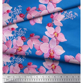 Soimoi Blue Viscose Chiffon Fabric Bird & Orchids Flower Print Fabric by Yard 42 Inch Wide