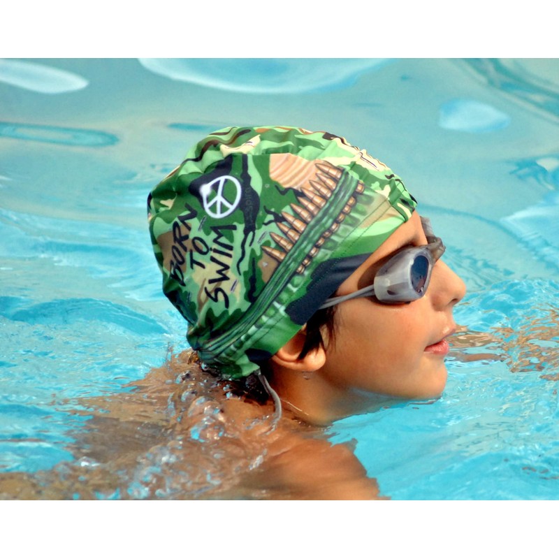 BORN TO SWIM | Green | Fabric Swimming Cap |