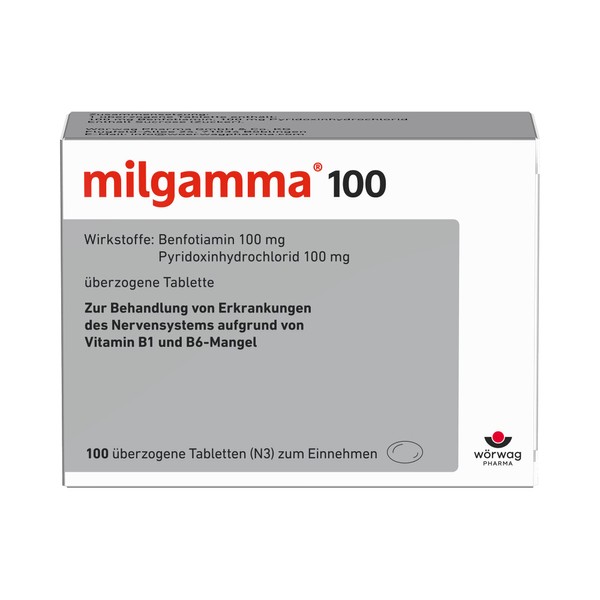 Milgamma® 100 mg Coated Vitamin B1 Tablets with Benfotiamine B1 (a Fat Soluble Precursor of Vitamin B1) and Vitamin B6, Pack of 100