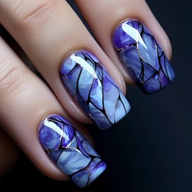 24Pcs Blue Gradient Press on Nails Medium Length Fake Nails Square Acrylic Gloss Stick on Nail Blue Stripes Designs Full Cover Glue on Nail Reusable False Nails for Women Nail Decorations