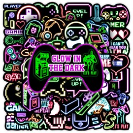75 Pcs Glow in The Dark Neon Gamer Gamepad Kids Stickers, Game Controller Joystick Video Gaming Sticker for Water Bottle, Waterproof Decals for Teens Girls Boys Students Adults