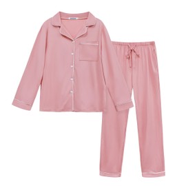 Lovasy Women's Long Winter Pyjamas with Buttons 2-Piece Long Sleeve Pyjamas for Women Loungewear Set with Pockets and Drawstring, lightpink, S