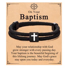 Lantine Baptism Cross Charm Bracelet for Men Unisex Nautical Adjustable Black Rope Bracelet for Friends Brother With Card 18-34CM, 21, no gemstone
