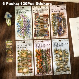 AuriicLeaf Bookish Garden PET Sticker Set, 120PCS Floral and Book Themed Scrapbooking Stickers, Waterproof Stickers for Journal, Diary, DIY Crafts