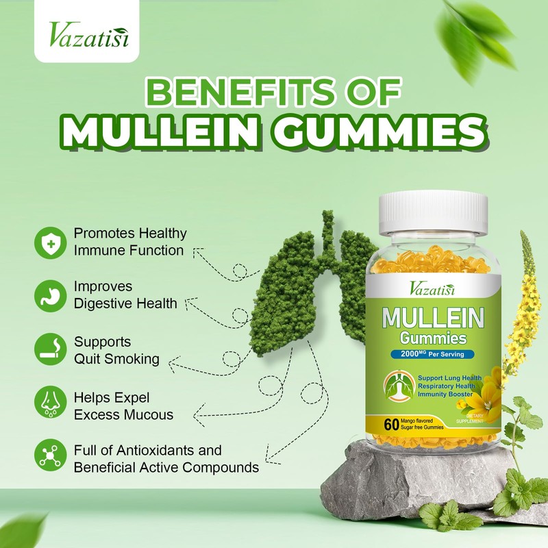 Vazatisi Mullein Gummies, Mullein Leaf Extract with Bromelain, Quercetin, Pine