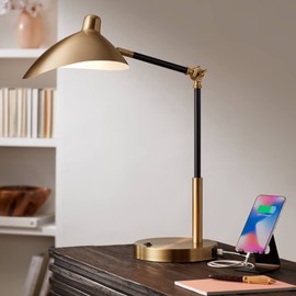 360 Lighting Colborne Mid Century Modern Industrial Desk Table Lamp LED with USB Charging Port 28" Tall Antique Brass Black for Living Room Bedroom House Bedside Nightstand Home Office