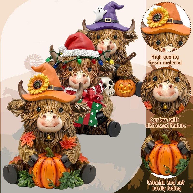 3 Pcs Highland Cow Decor Figurines, Seasonal Holiday Theme