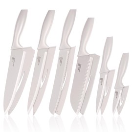 E-far 12-Piece Kitchen Knife Set, Stainless Steel Chef Knives Set with 6 Blade Guards, Sharp Kitchen Cooking Knife with Ergonomic Handle, Anti-Rust & Easy to Clean (Khaki)