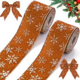 Unittype 2 Rolls/ 20 Yards Christmas Velvet Wired Ribbons with Snowflake Pattern 2.5'' Wide Xmas Craft Gift Wrapping Ribbon for Christmas Tree Wreath Decoration DIY Bows Supplies (Khaki)