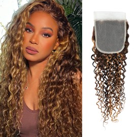 ALHER #F4/27 Water Wave Honey Blonde Highlight 4x4 Closure 16 IN, Balayage Ombre Brown Wet n Wavy Free Part 4x4 Lace Closure, 10A Brazilian Remy Human Hair Free Part Baby Hair (150% Density, 16 Inch)