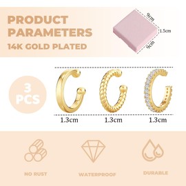 Calkkrer Earrings for women without studs, 14 carat gold cartilage ear clip, silver cubic zirconia sparkle clip-on earrings for women, allergen-free ring earrings.
