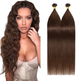 Silk-co U tip Hair 100 Strands Pre Bonded Hair Extensions 100% Real Remy Human Hair 18inch 100g Keratin Nail Fusion Nail Tip Straight #04 Medium Brown
