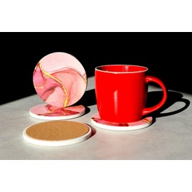 Set of 4 Ceramic Drink Coasters Pink Marble Pattern - Absorbent Cork Base - Heat Resistant - Non-Slip Grip Base - Housewarming Gift (Set of 6)