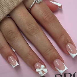 Ceboic Pack of 24 Pink White French Press On Nails Short, Square Nails for Sticking, Full Cover Artificial Nails, Natural Artificial Nails with Bow, Reusable Acrylic Fingernails, Fake Nails for Women