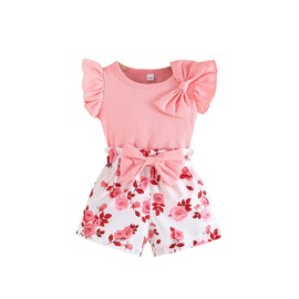 HEOXIN Baby Girl Infant Toddler Clothing Sets, Newborn Ruffle Edge Short Sleeves Round Neck Bowknot Decorative Floral Pattern Stretch Shorts, Summer Clothes Sets for Tiny Girl, Pink, 12-18 Months