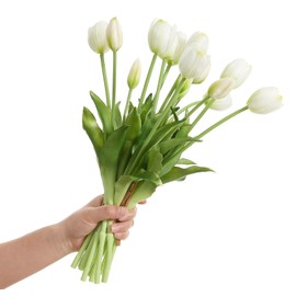 Amore Florals 15 Pcs White Tulips Artificial Flowers Faux Tulips Real Touch Latex Fake Flower Bouquet for Spring Wedding Home Décor Centerpiece Arrangements