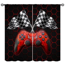 Kids Gamepad Curtains for Boys Girls Teens Red Game Controller Racing Flag Window Treatment for Living Room 42" W X 45" L