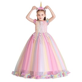 HIHCBF Girls Unicorn Costume Pageant Princess Party Dress Wedding Birthday Christmas Long Maxi Tulle Gown w/Headband Rainbow 9-10T